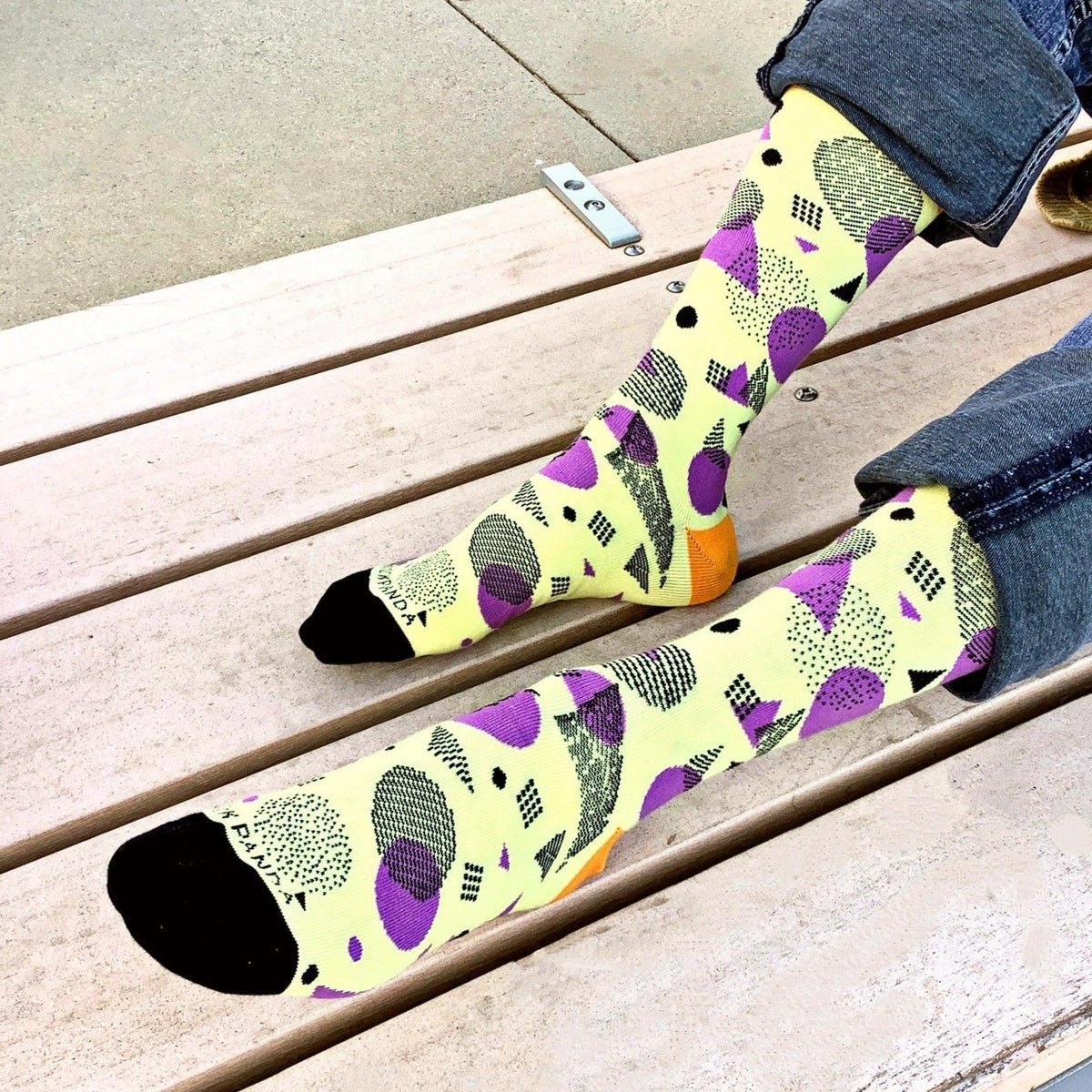 Bright Pop Art Yellow and Purple Patterned Socks from the Sock Panda, Pop Art