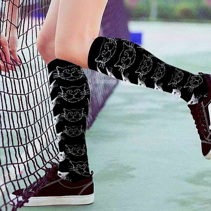 Cat Face Patterned Knee High (Compression Socks), HappyCatCompMd