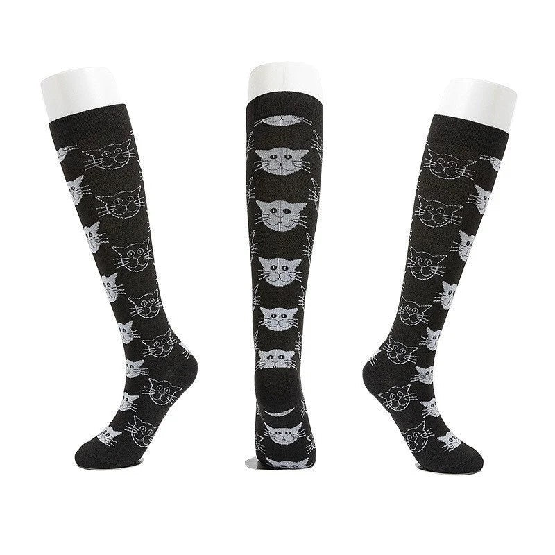 Cat Face Patterned Knee High (Compression Socks), HappyCatCompMd