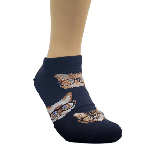 Cat Wearing Glasses Patterned Ankle Socks (Adult Large - Men's Shoe Sizes 8 - 12)
