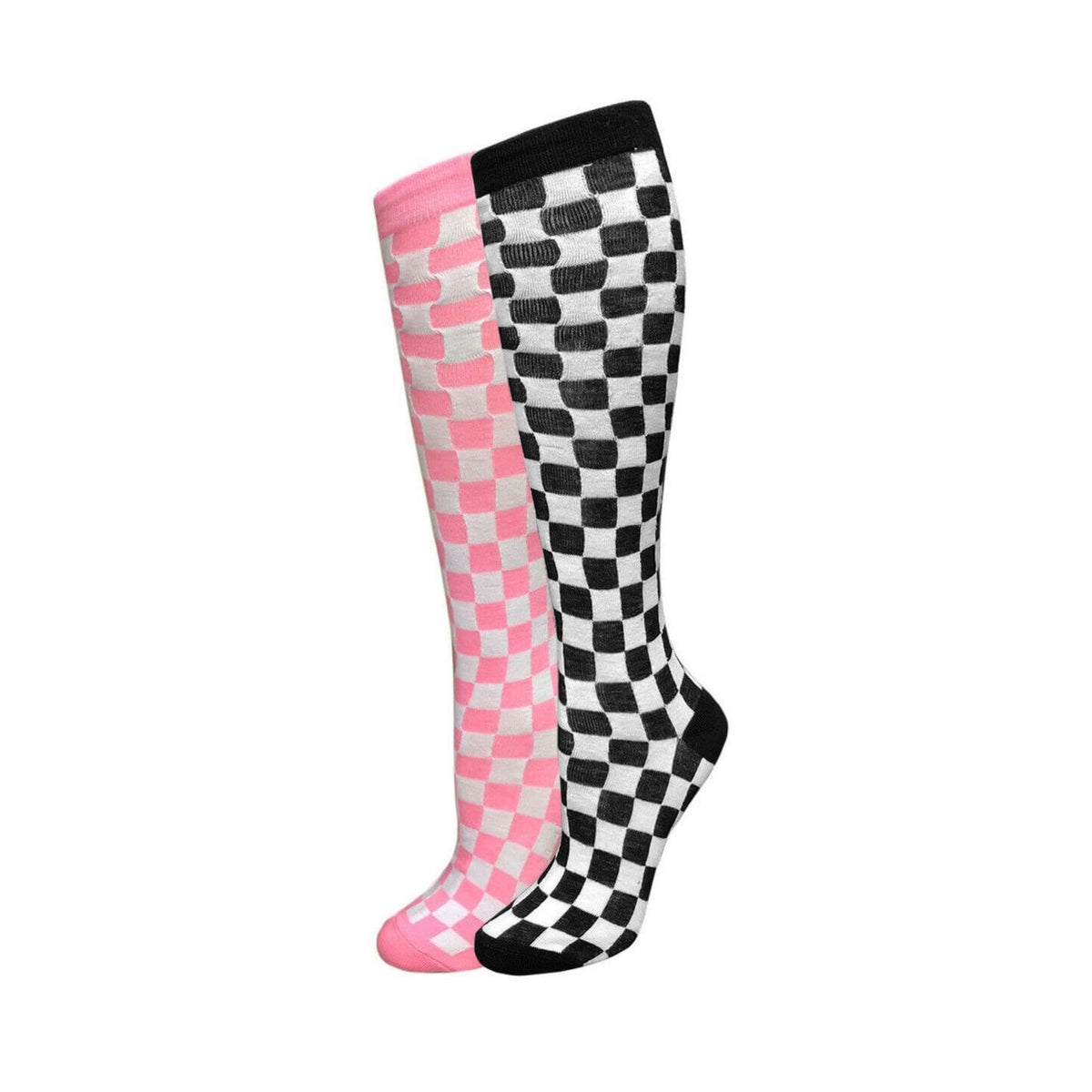 Checkered Pattern Knee High Socks (Adult Medium - Women's Shoe Sizes 5-10), Pink Checkered Knee