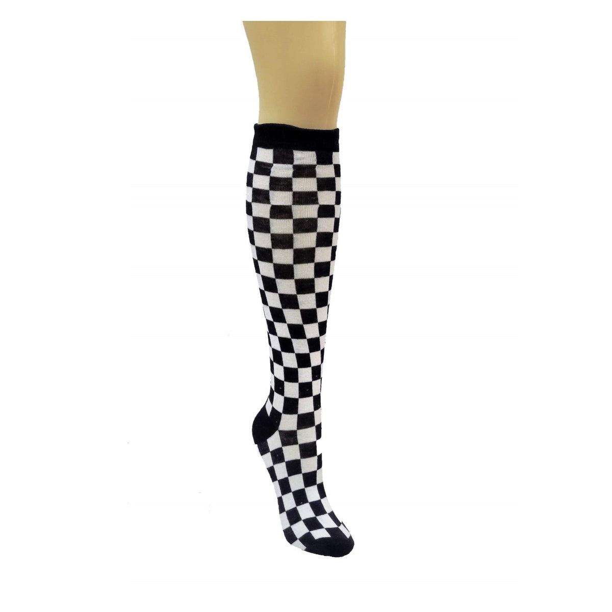 Checkered Pattern Knee High Socks (Adult Medium - Women's Shoe Sizes 5-10), Black Checkered Knee