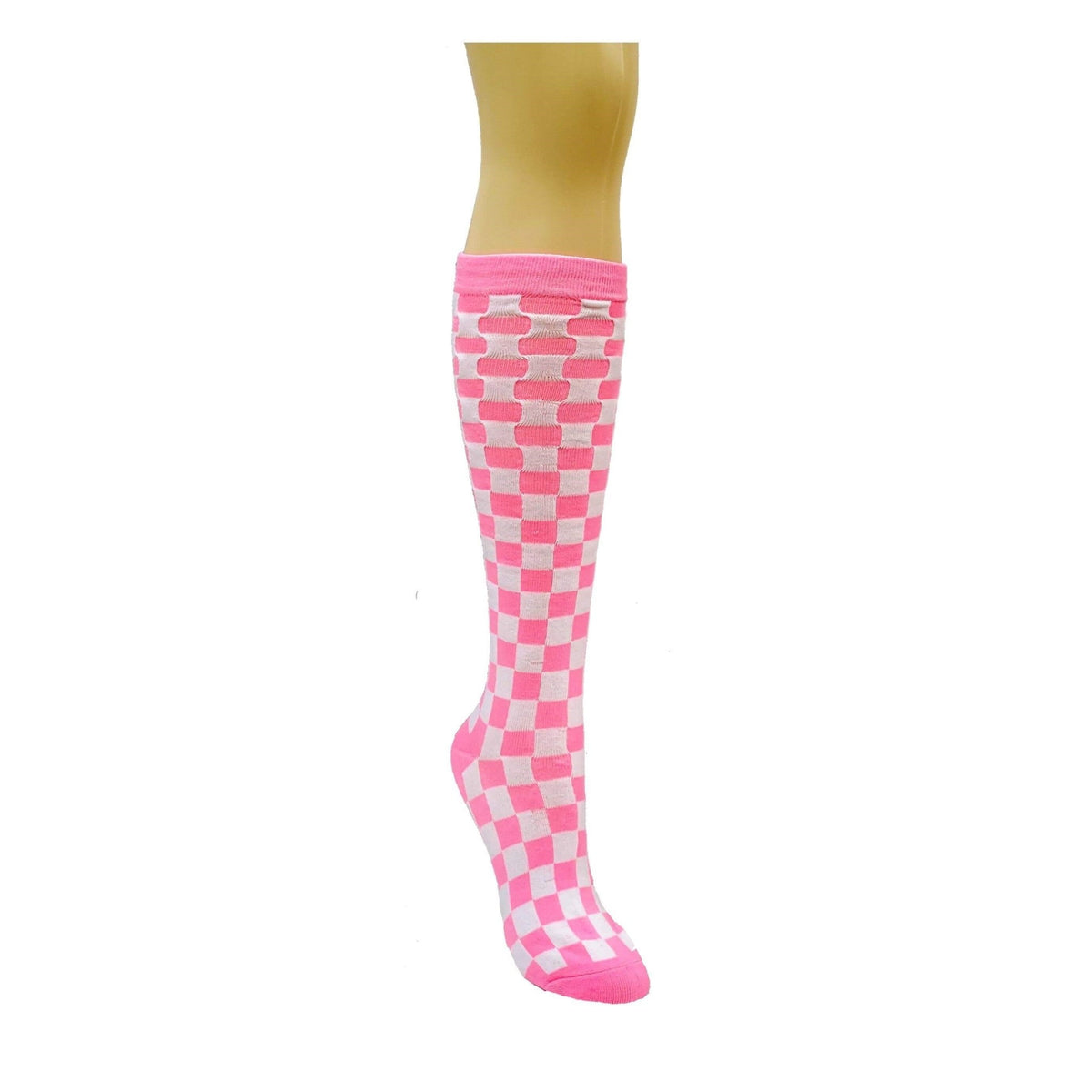 Checkered Pattern Knee High Socks (Adult Medium - Women's Shoe Sizes 5-10), Pink Checkered Knee
