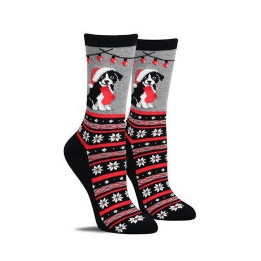 Christmas Border Collie Socks (Adult Medium - Women's Shoe Sizes 5 - 10) - Gray or Green