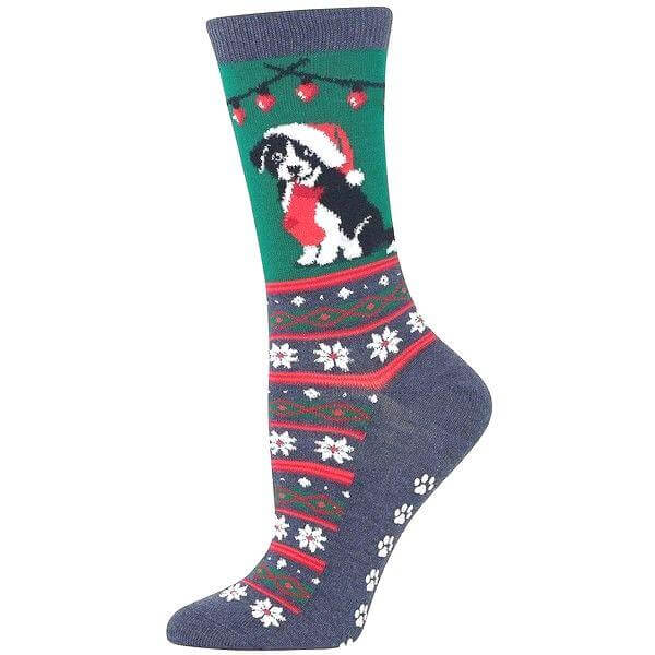 Christmas Border Collie Socks (Adult Medium - Women's Shoe Sizes 5 - 10) - Gray or Green
