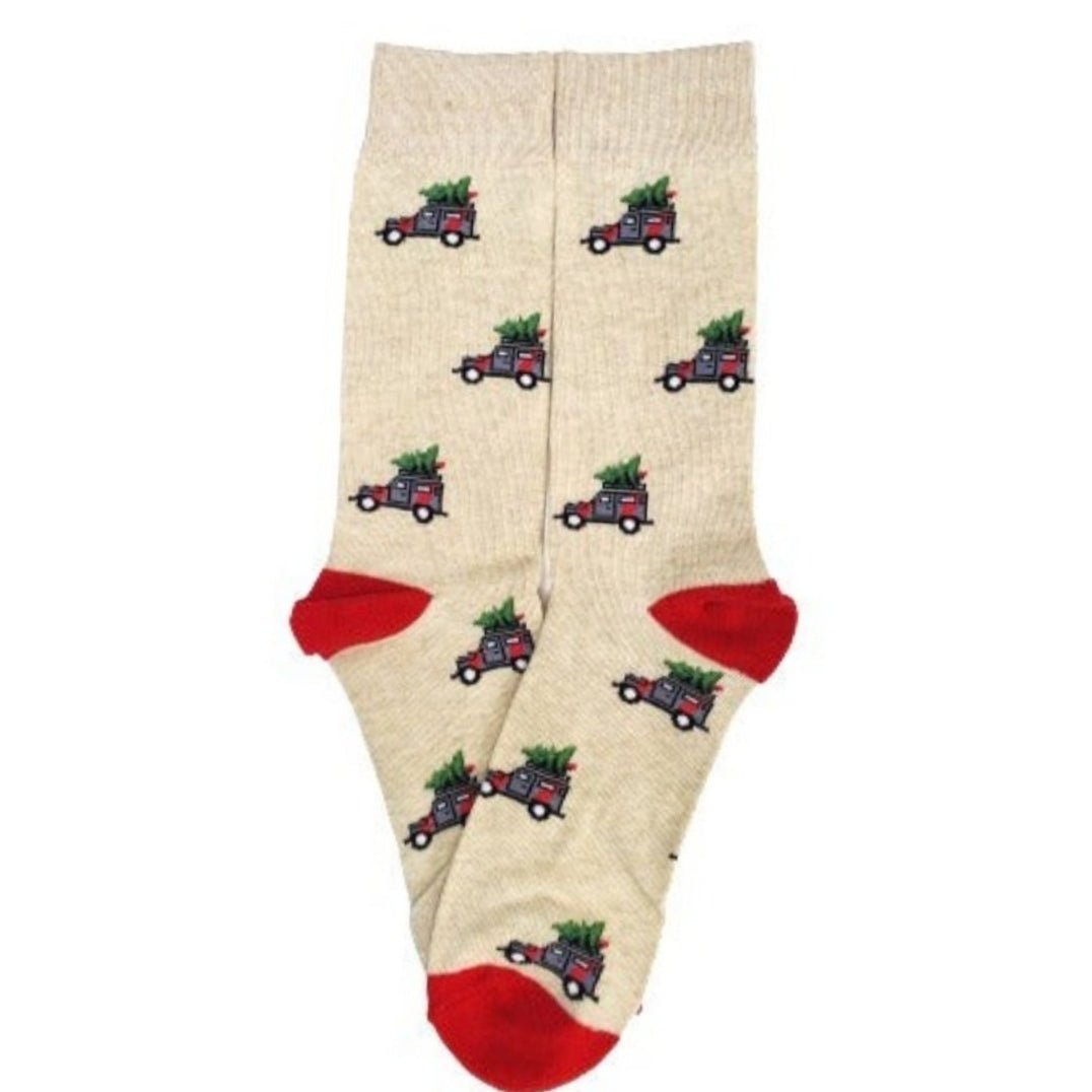 Christmas Tree on Wagons Crew Socks (Adult Medium - Women's Shoe Sizes 5-10), Wagon-Christmas