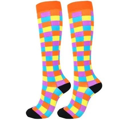 Colorful Checkered Pattern Knee High (Compression Socks), ColCheckCompMd