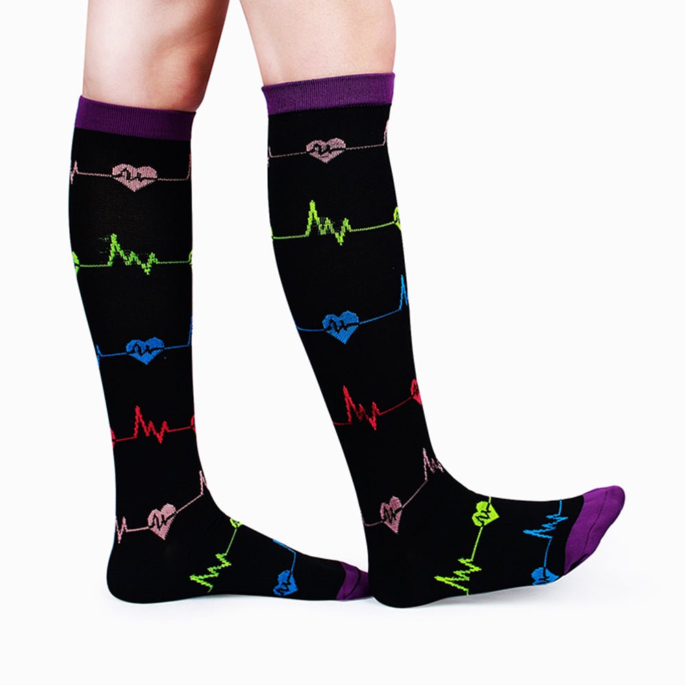 EKG Heart Patterned Knee High - Black (Compression Socks), HeartCompSM