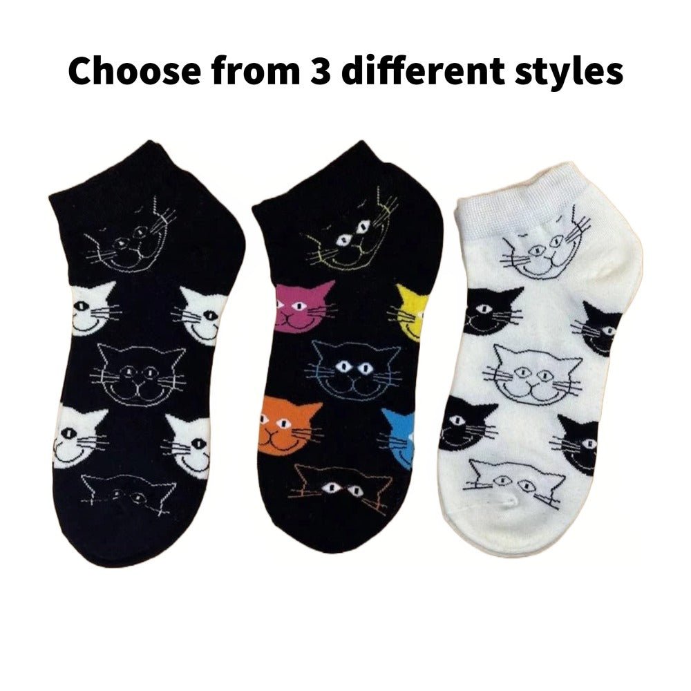 Happy Cat Face Pattern Ankle Socks (Adult Medium - Women's Shoe Sizes 5-10), HappyCatB/W