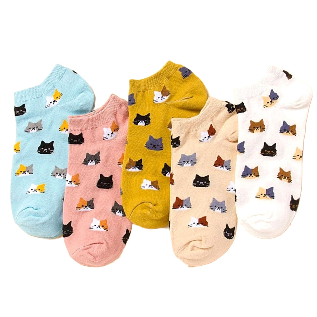 Kitty Cat Face Patterned Short Ankle Socks (Adult Medium - Women's Shoe Sizes 5-10), KittyAnkWhMd
