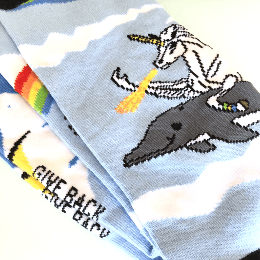 Land of Dreams Socks - Fire Breathing Unicorn on a Dolphin!