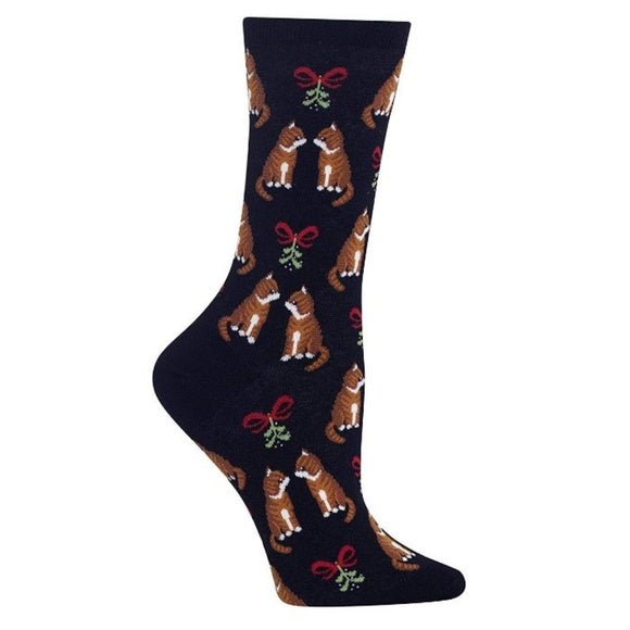 Mistletoe Cat Holiday Socks (Adult Medium - Women's Shoe Sizes 5 - 10) - Denim or Black