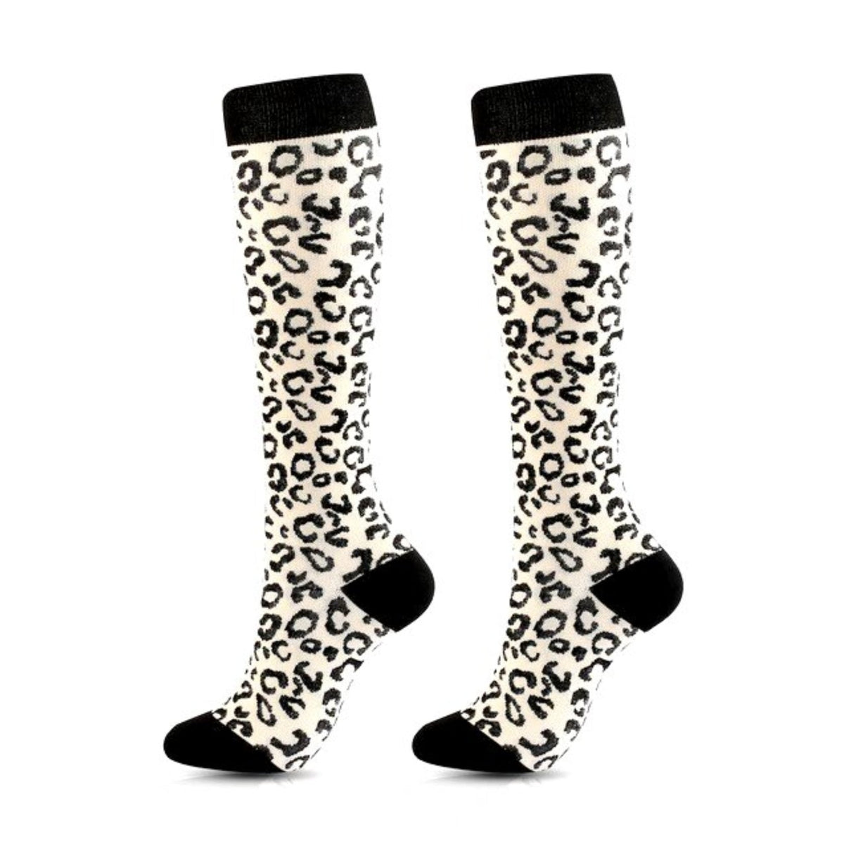 Off White Animal (Leopard) Print Knee High Socks (Compression Socks), LeopardOffCompLg