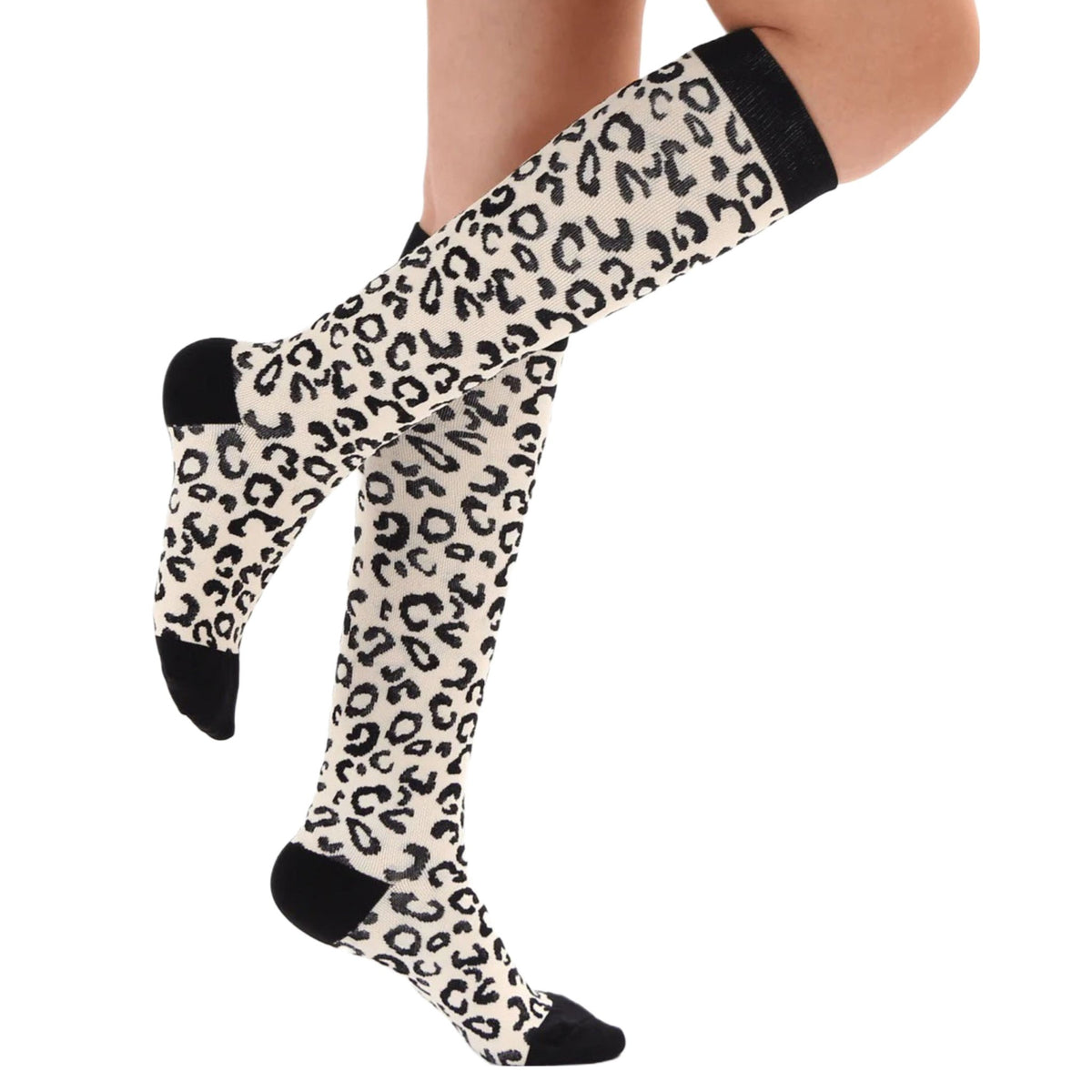 Off White Animal (Leopard) Print Knee High Socks (Compression Socks), LeopardOffCompLg