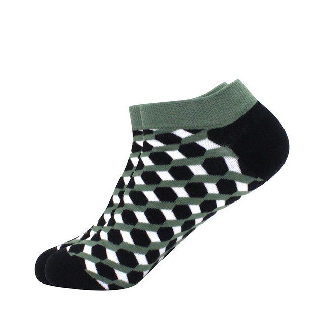 Olive Green, Black and White 3D Cubed Patterned Ankle Socks, GreenBlackAnkLg