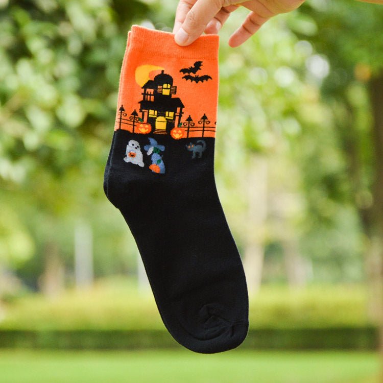 Orange and Black Haunted House Socks, Orange Haunted