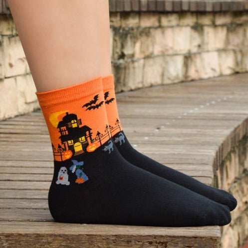 Orange and Black Haunted House Socks, Orange Haunted