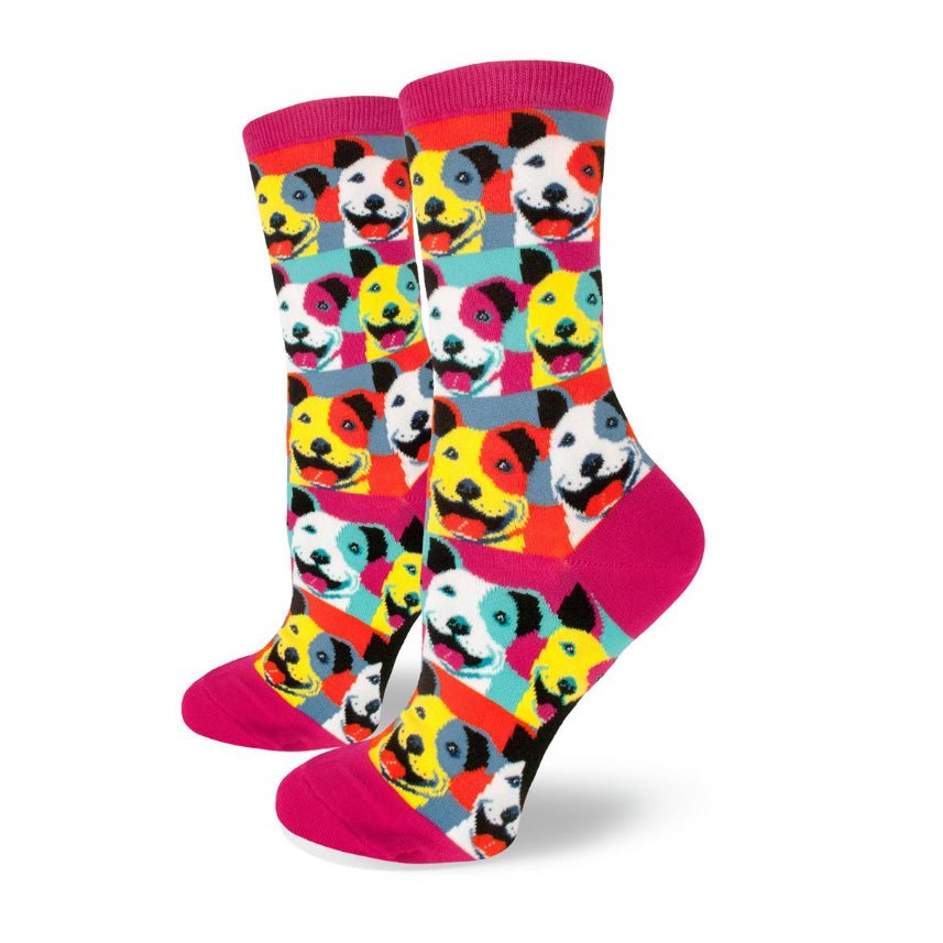 Pop Art Pitbull Crew Socks (Adult Medium - Women's Shoe Sizes 5-10), Pitbull Faces