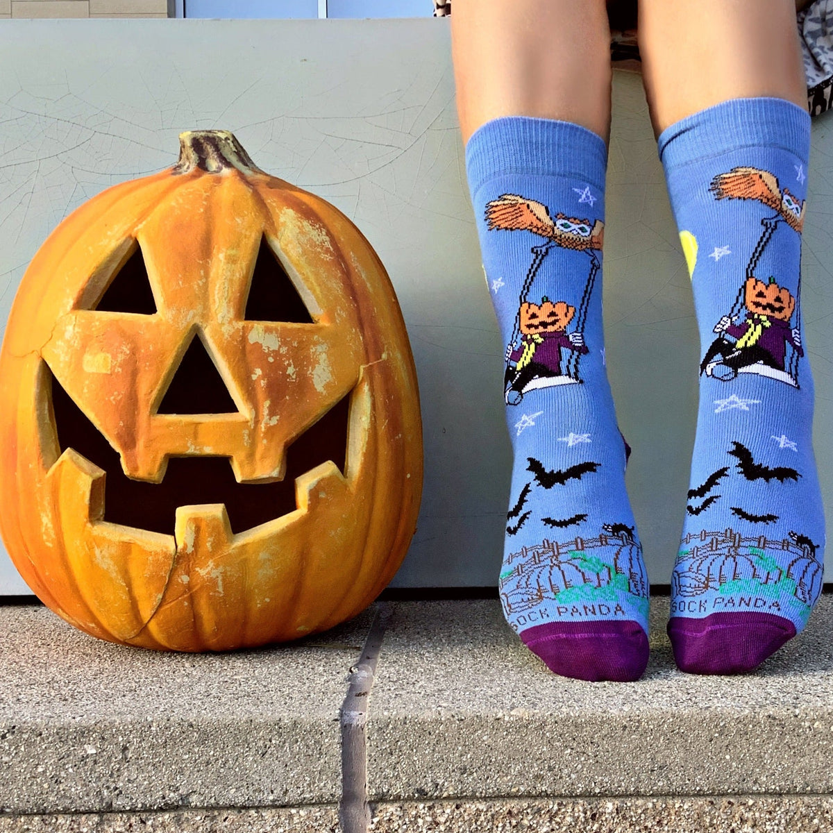 Pumpkin Head Swinging with an Owl by the Moon Socks (Adult Small - Shoe Sizes 2-5), Pumpkin Swing