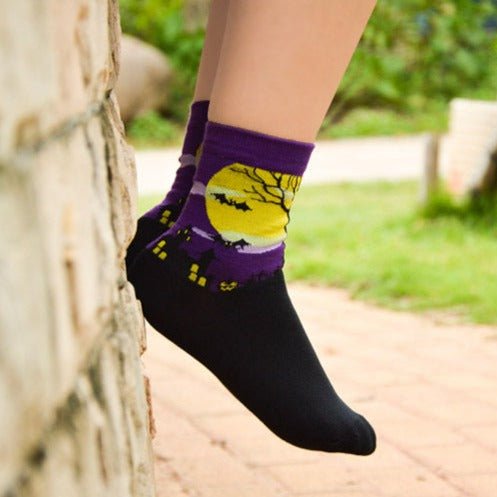 Purple Bat, Haunted House and Tree by the Moon Socks, Purple Bat