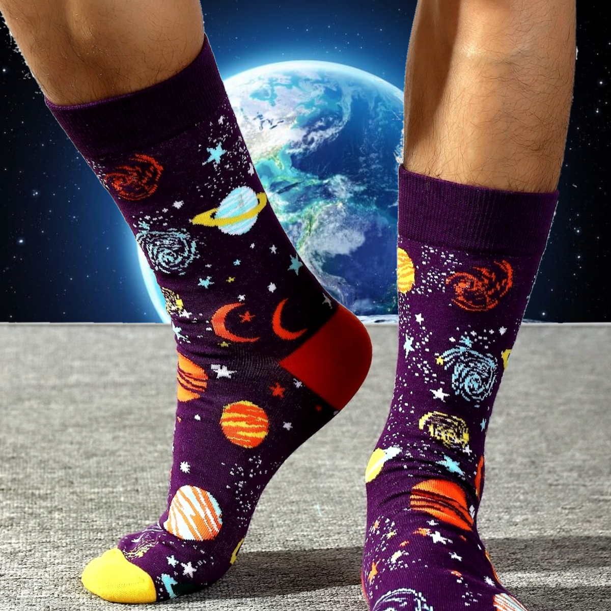 Purple Outer Space Socks With Planets (Adult Large - Men's Shoe Sizes 8-12) from the Sock Panda, Purple Space