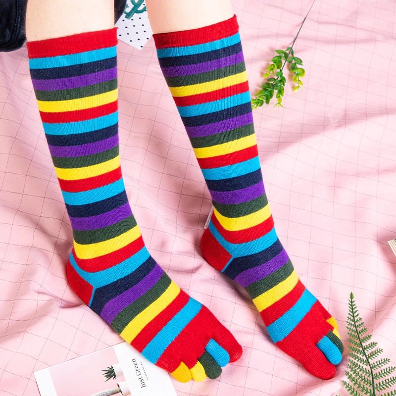 Purple Rainbow Knee High Socks (Toe Socks), ToePurRainMd
