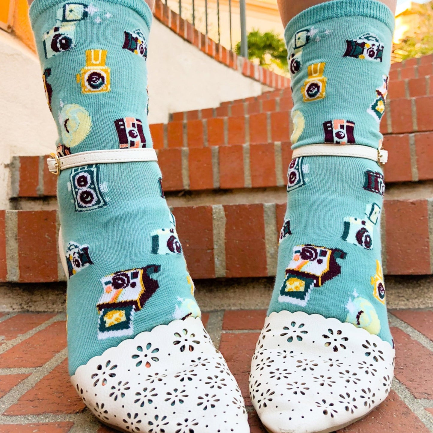 Say Cheese Women;s Crew Camera Socks (Adult Medium - Women's Shoe Sizes 5 - 10)