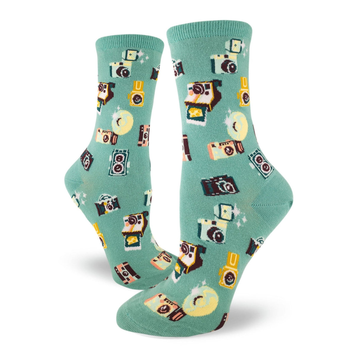 Say Cheese Women;s Crew Camera Socks (Adult Medium - Women's Shoe Sizes 5-10), CCHZTURQ - Camera