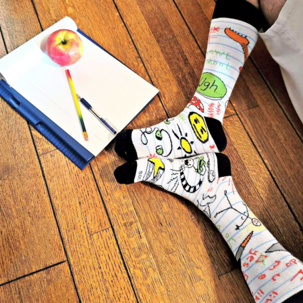 School Notebook Nostalgia Doodle Socks from the Sock Panda, Notebook Nostalgia