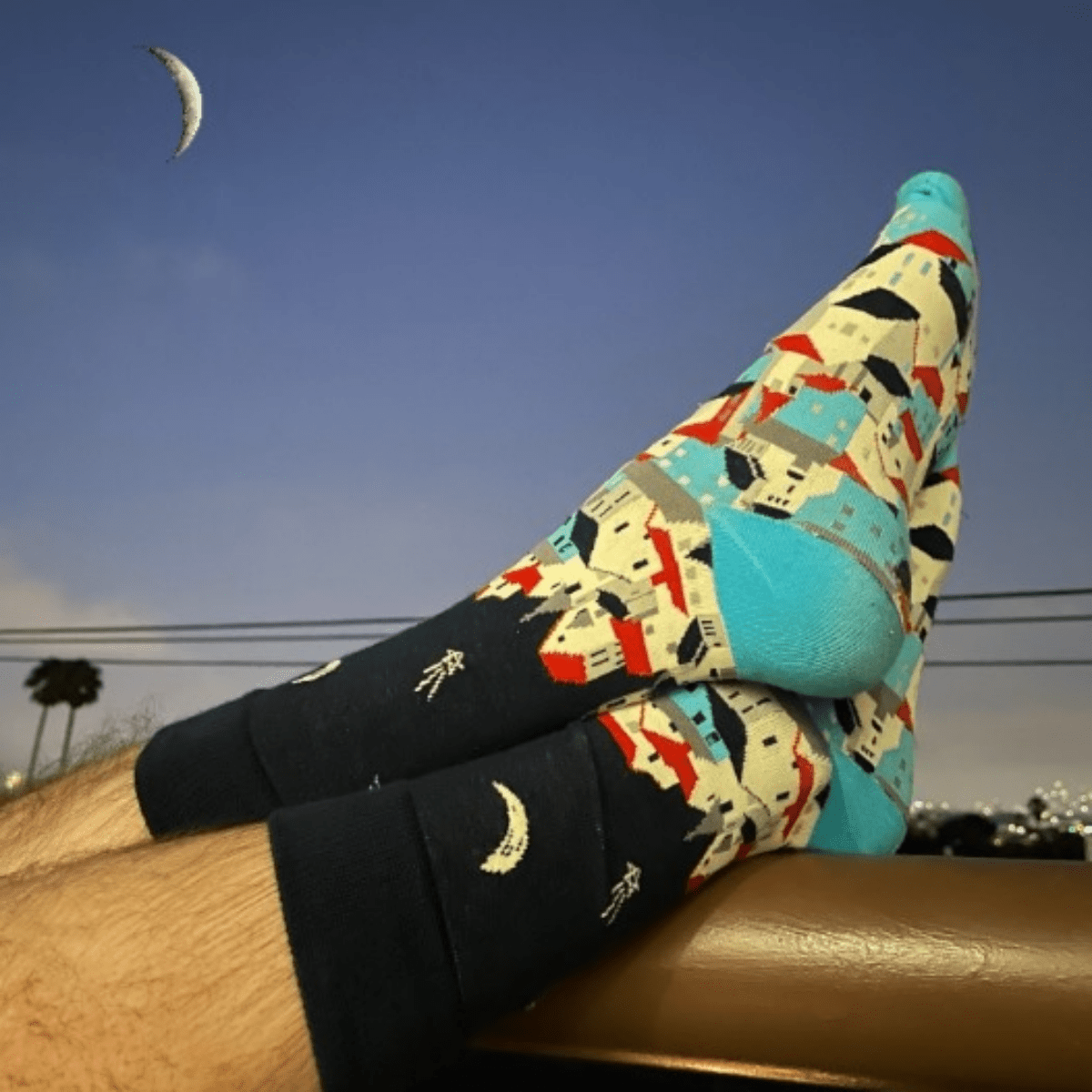 Summer Night and Crescent Moon Over A Seaside Town Socks from the Sock Panda, Seaside Town