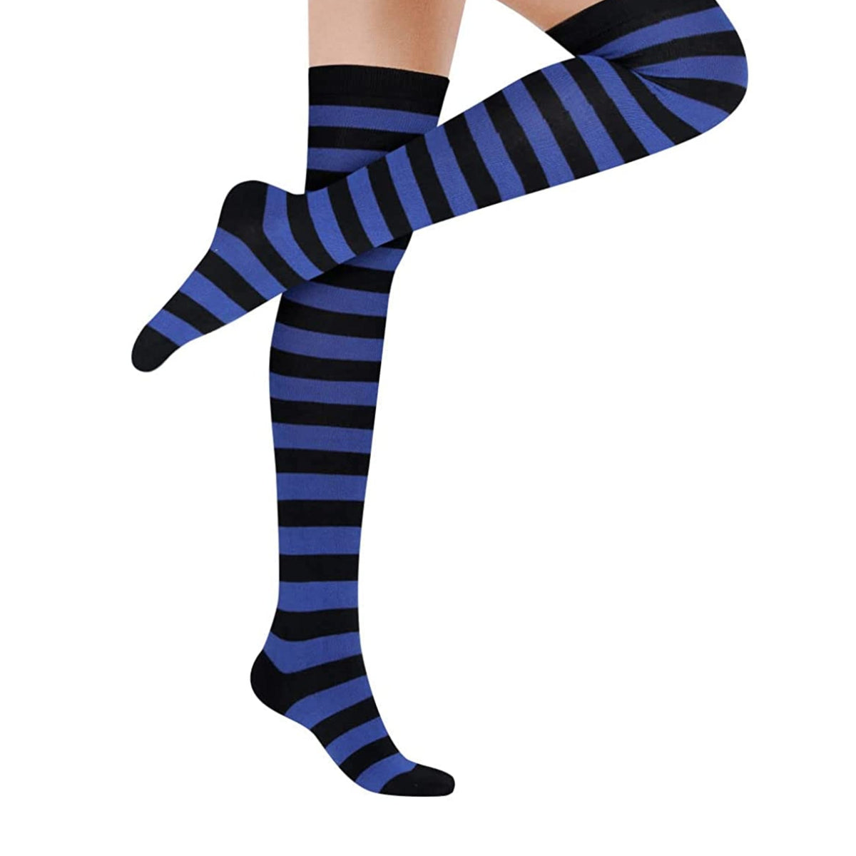 Thin Striped Patterned Socks (Thigh High), ThinStripThighDrBl