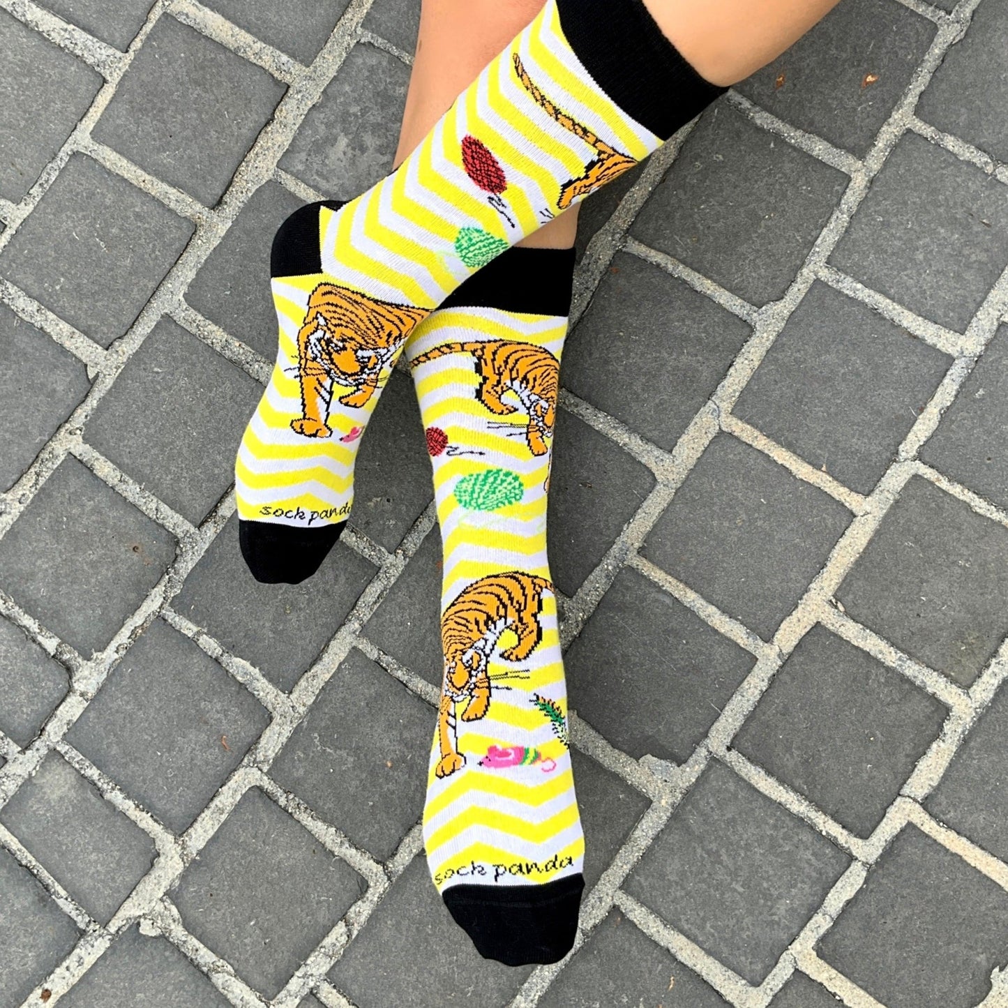 Tiger Playing with Toys Socks from the Sock Panda (Adult Medium - Women's Shoe Sizes 5 - 10)