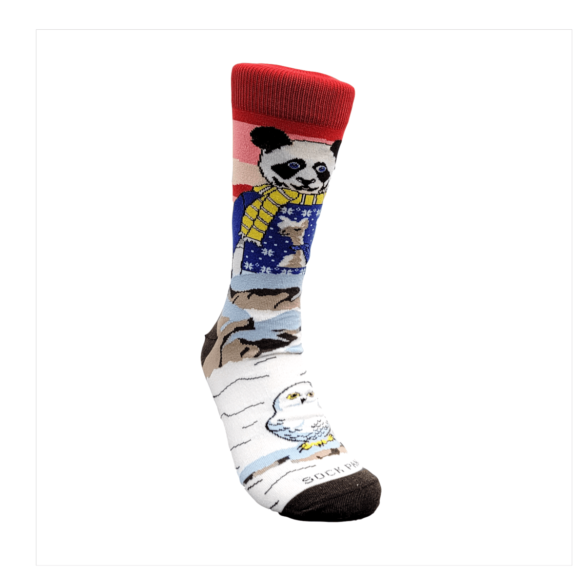 Winter Panda Wearing a Llama Sweater Watching a Snowy Owl (Adult Large - Men's Shoe Sizes 8-12), Winter Panda