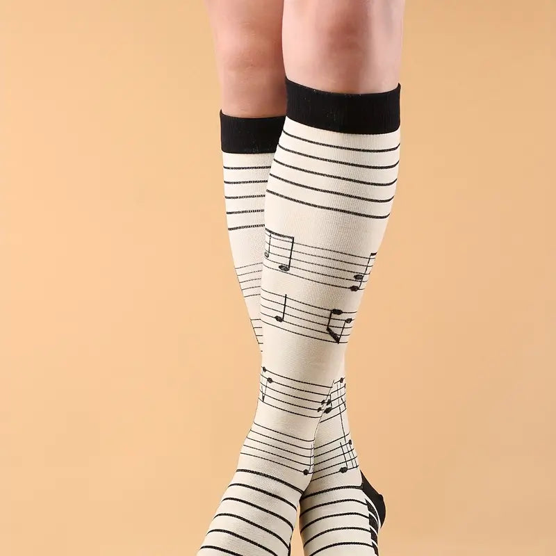 Music Note Pattern Knee High - (Compression Socks)