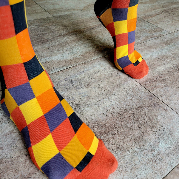 Orange and Brown Square Checkered Pattern Socks (Adult Large)