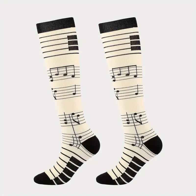 Music Note Pattern Knee High - (Compression Socks)