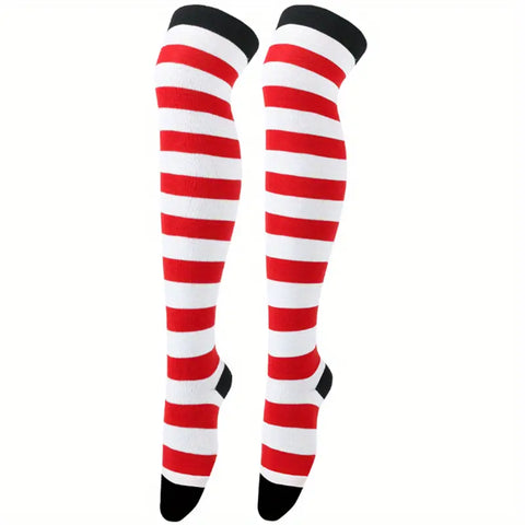 Striped Patterned Socks (Thigh High) White and Red