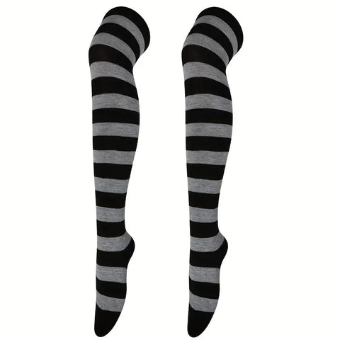 Striped Patterned Socks (Thigh High) Dark Gray and Black