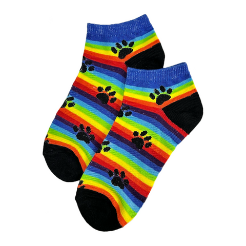 Rainbow Striped with Animal Paw Prints Ankle Socks (Adult Medium - Women's Shoe Sizes 5-10)