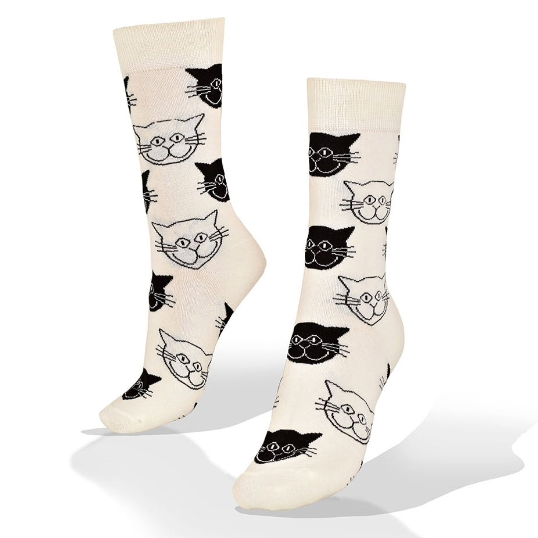 Black and White Cat Pattern Socks (Adult Medium - Women's Shoe Sizes 5-10) - Classic