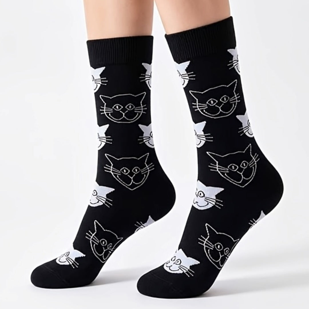 Black and White Cat Pattern Socks (Adult Medium - Women's Shoe Sizes 5-10) - Classic