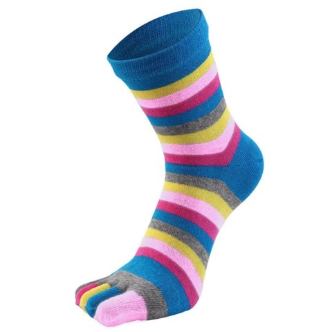 Rainbow Striped Pattern Toe Socks (Adult Medium - Women's Shoe Sizes 5-10) - Blue Accent