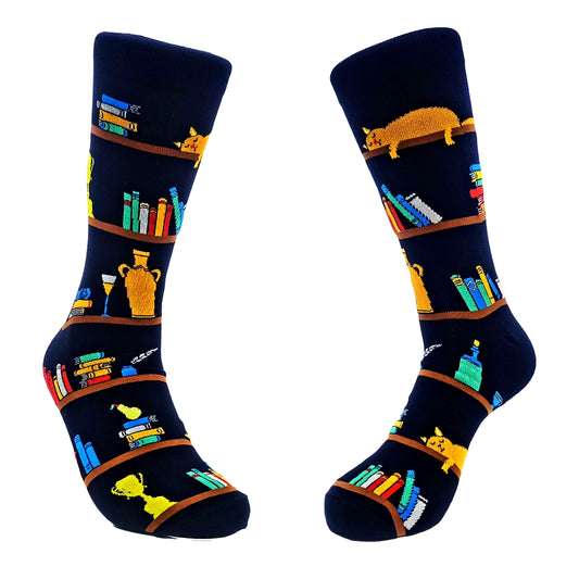 Cat Resting on a Bookshelf Socks (Adult Large - Men's Shoe Sizes 8-12)