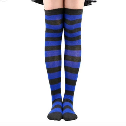 Striped Patterned Socks (Thigh High) Dark Blue and Black