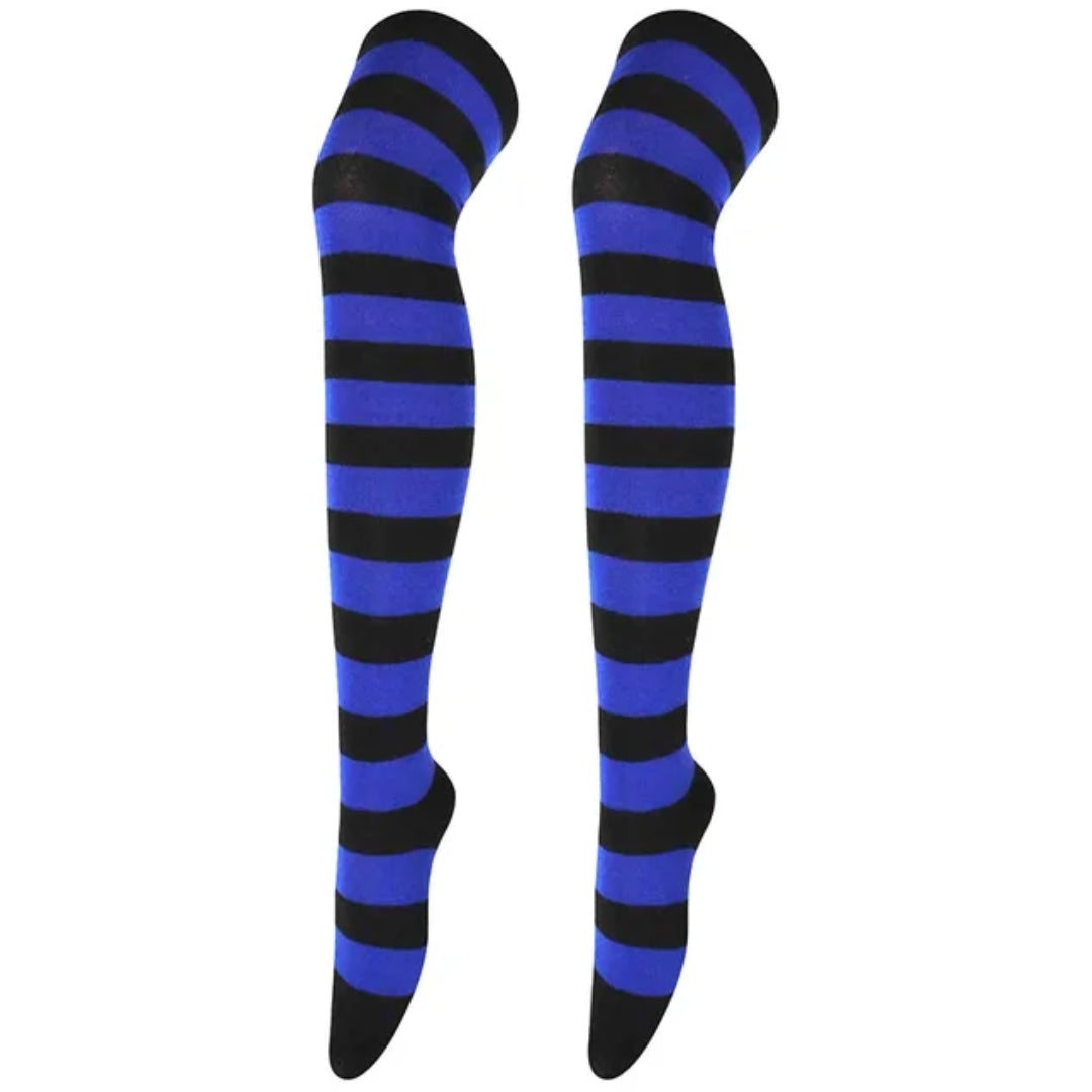 Striped Patterned Socks (Thigh High) Dark Blue and Black