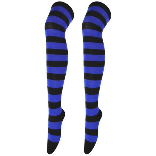 Striped Patterned Socks (Thigh High) Dark Blue and Black