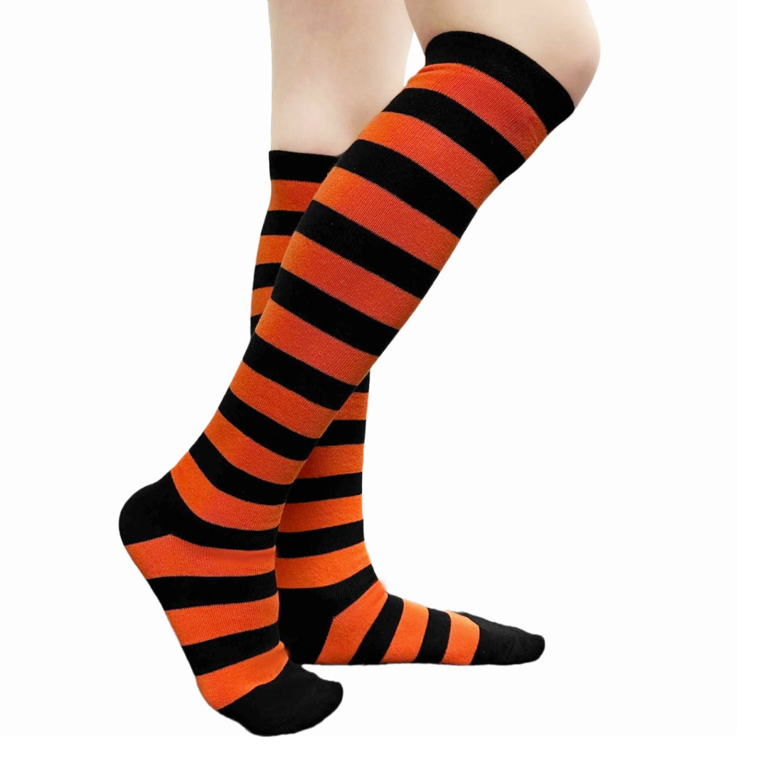 Striped Patterned Socks (Knee High) Dark Orange and Black