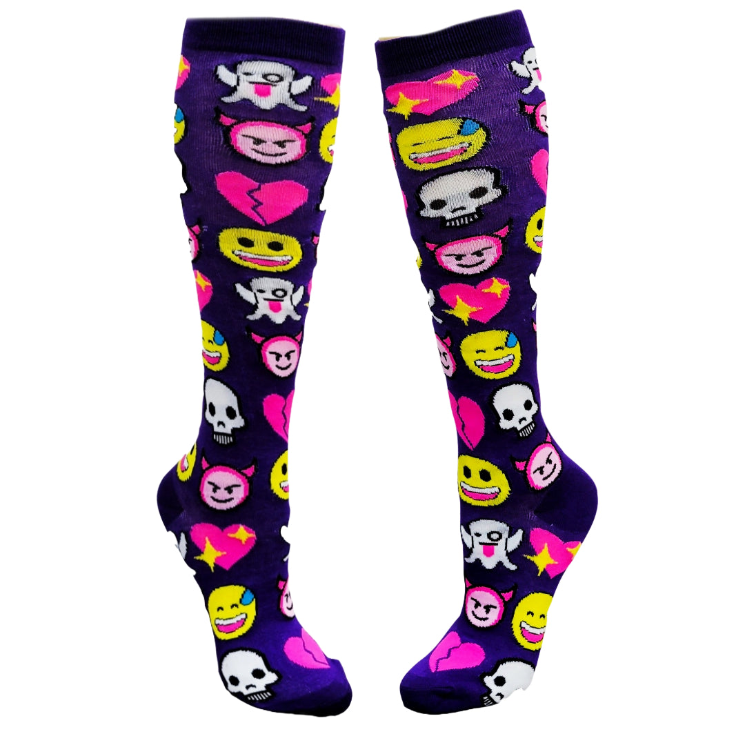 Fun Purple Emoji Pattern Socks from the Sock Panda (Knee High)