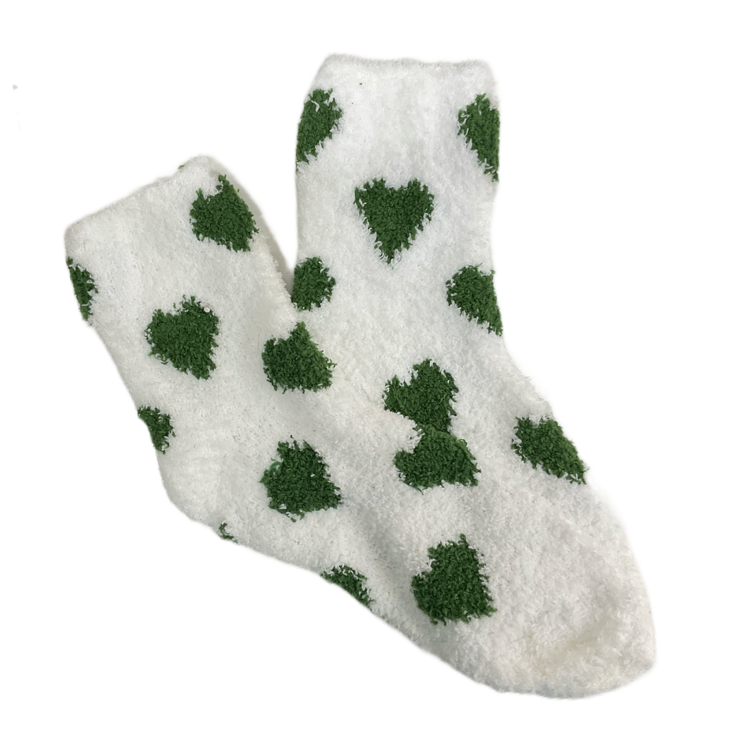 Heart Patterned Fuzzy Socks from the Sock Panda (White w/Light Green Hearts)