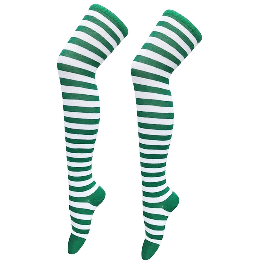 Thin Striped Patterned Socks (Thigh High) Kelly Green and Black